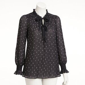 Simply Vera Vera Wang Pleated Tie-Neck Blouse – Black/White Abstract Dot – Sz M